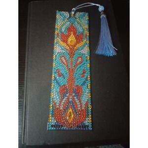 Handmade Diamond Painting Floral Bookmark Blue Tassel Resin Rhinestone 7.75"